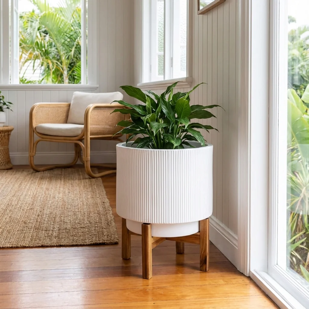 White Indoor Ceramic Pot With Stand - 340mm x 430mm